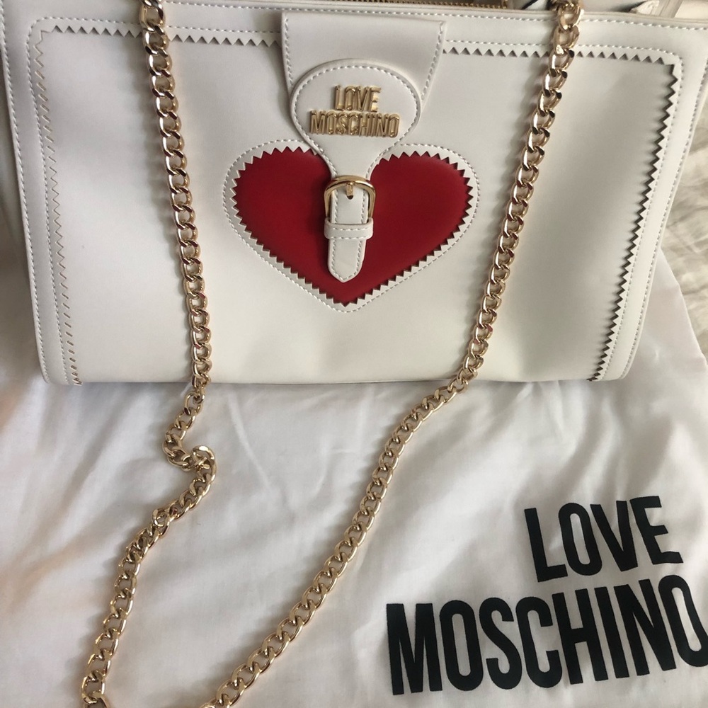 Love Moschino White and Red Shoulder Bag with Heart Accent